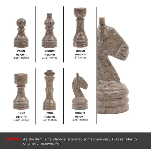 Oceanic grey and white marble chess pieces size guide — pawn 2.25 in, bishop 2.75 in, queen 3 in, rook 2.75 in, king 3.5 in, knight 2.75 in by RADICALn