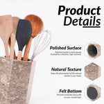 Oceanic marble utensil crock details: polished surface, natural texture and scratch-preventing felt bottom