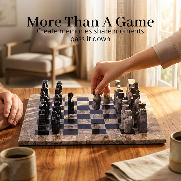 Two players enjoying the Oceanic and black antique marble chess set on a wooden table in a sunlit living room