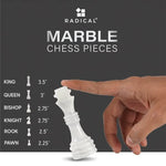 RADICALn black and white marble chess set size guide — 15-inch board, king 3.5 inches, pawn 2.5 inches