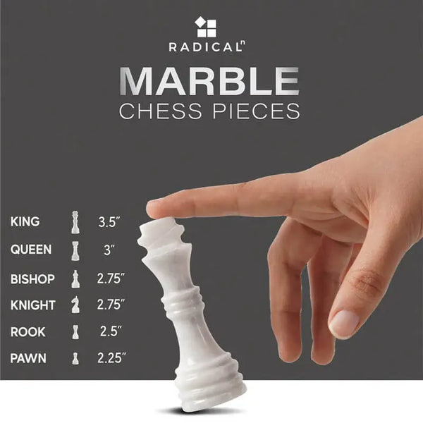 RADICALn white and black marble chess set size guide — 15-inch board, king 3.5 inches, pawn 2.5 inches