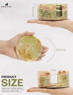 Round green onyx marble coaster set and holder dimensions: 3.5 inch coasters in a 2.5 inch tall stone holder