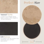 Round verona marble coaster showing 3.5 inch size and non-slip felt bottom