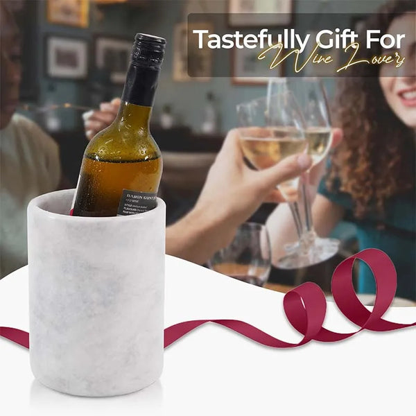 Round white marble wine chiller with gift ribbon, presented as a present for wine lovers
