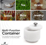 White marble container shown as a multi-use keeper for salt, tea, grains, spices, nuts and jewelry
