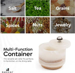 White onyx marble container shown as a multi-use keeper for salt, tea, grains, spices, nuts and jewelry