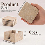 Square travertine coaster set dimensions: 3.5 inch coasters, 6 pieces, 4.5 by 2.5 inch holder
