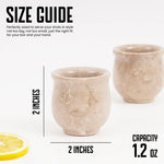 Verona marble shot glass size guide: 2 inches tall and wide with 1.2 oz capacity