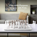 White and grey oceanic marble chess set 12 inch — all 32 handmade natural stone pieces in starting position by RADICALn