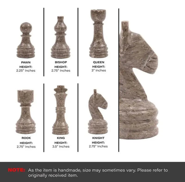White and oceanic grey marble chess pieces size guide — pawn 2.25 in, bishop 2.75 in, queen 3 in, rook 2.75 in, king 3.5 in, knight 2.75 in by RADICALn
