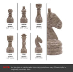 White and oceanic grey marble chess pieces size guide — pawn 2.25 in, bishop 2.75 in, queen 3 in, rook 2.75 in, king 3.5 in, knight 2.75 in by RADICALn