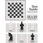 White and black antique marble chess set size guide — 15x15 inch board, king 3.5 inches, queen 3 inches, pawn 2.5 inches by RADICALn