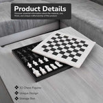 White and black antique marble chess set storage box — board lifted showing 32 medieval figurative pieces in fitted compartments by RADICALn