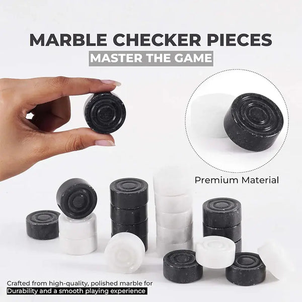 White and black marble checker pieces close-up — hand holding black marble disc showing concentric ring detail, stacked discs by RADICALn