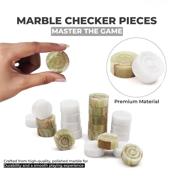 White and green marble checker pieces close-up — hand holding green marble disc showing concentric ring detail, stacked discs by RADICALn