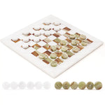 White and green marble checkers set 15 inch — all 32 natural stone discs in starting position on white dominant board by RADICALn