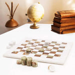 White and green marble checkers set displayed as home decor — 15-inch natural stone board by RADICALn