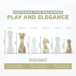 White and green onyx chess pieces size guide — king 3.5 inches, queen 3 inches, weights by piece by RADICALn