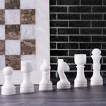 White marble chess pieces lineup — pawn bishop knight rook king queen with white and grey oceanic board edge by RADICALn