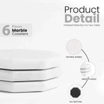 Six white marble coaster plates showing polished edges and felt bottoms