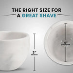 White marble shaving bowl size guide showing 3 inch height and 4 inch diameter
