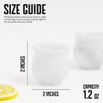 White marble shot glass size guide: 2 inches tall and wide with 1.2 oz capacity
