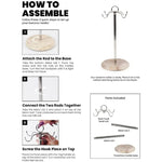 How to assemble a marble banana holder in three steps, with white onyx base, two metal rods and multi-hook head shown