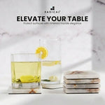 White onyx square marble coasters under two glasses of lemon water and iced tea