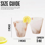 White onyx marble shot glass size guide showing 2 inches tall and 2 inches wide