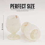 White onyx marble wine glass dimensions: 5 inches tall with a 2.5 inch opening