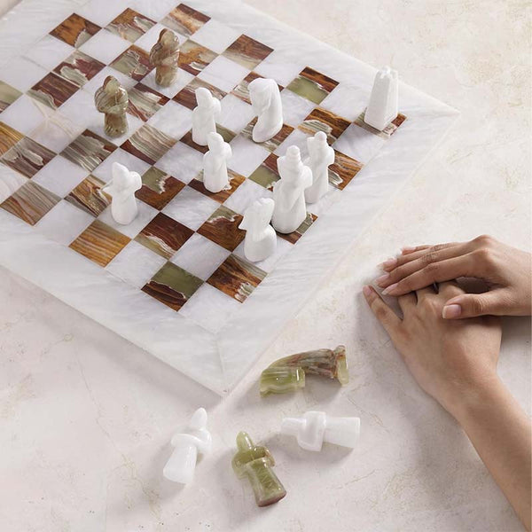 White & Green Antique Marble Chess Set — 15-Inch | Medieval Figurative Style