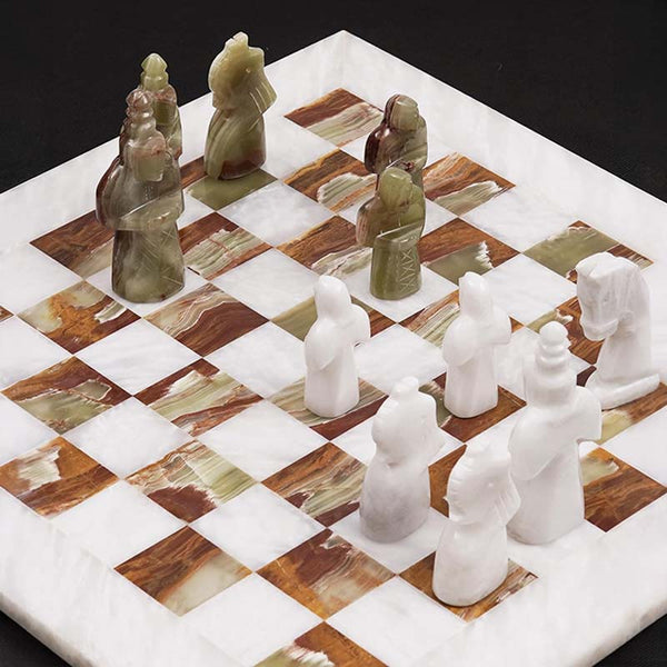 White & Green Antique Marble Chess Set — 15-Inch | Medieval Figurative Style