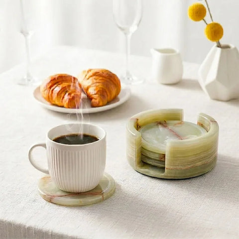 Round Marble Coasters Set of 4 with Holder - Stone 3.5"