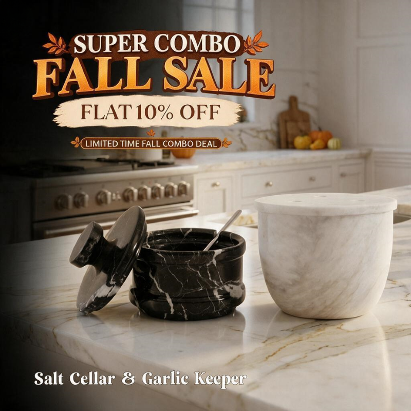 Fall Kitchen Marble Combo – Black Salt Cellar & White Marble Garlic Keeper