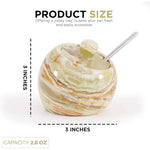 Green onyx marble salt cellar with lid and stainless steel spoon, 3 inches wide and 3 inches tall with 2.8 oz capacity