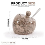Oceanic marble salt cellar with lid and stainless steel spoon, 3 inches wide and 3 inches tall with 2.8 oz capacity