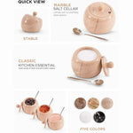 Verona marble salt cellar set with lid and spoon, 3 inches wide, shown holding salt, chilli and pepper with five color variants