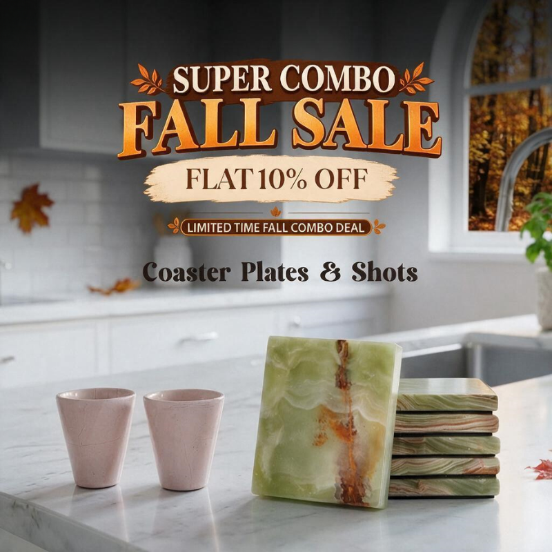 Fall Entertaining Marble Combo – Green Onyx Coaster Plate & Verona Marble Shot Glasses