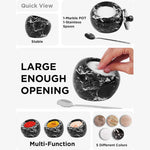 Black marble salt cellar with lid and spoon, 4 inches wide, showing the wide opening, multi-use options and five color variants