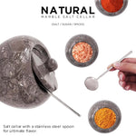 Oceanic marble salt cellar set with stainless steel spoon holding salt, sugar and spices, 4 inches wide with 6.8 oz capacity