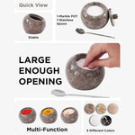 Oceanic marble salt cellar with lid and spoon, 4 inches wide, showing the wide opening, multi-use options and five color variants