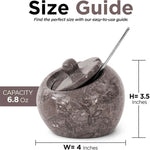Oceanic marble salt cellar with lid and stainless steel spoon, 4 inches wide and 3.5 inches tall with 6.8 oz capacity