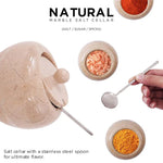 Verona marble salt cellar set with stainless steel spoon holding salt, sugar and spices, 4 inches wide with 6.8 oz capacity
