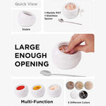 White marble salt cellar with lid and spoon, 4 inches wide, showing the wide opening, multi-use options and five color variants