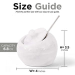 White marble salt cellar with lid and stainless steel spoon, 4 inches wide and 3.5 inches tall with 6.8 oz capacity
