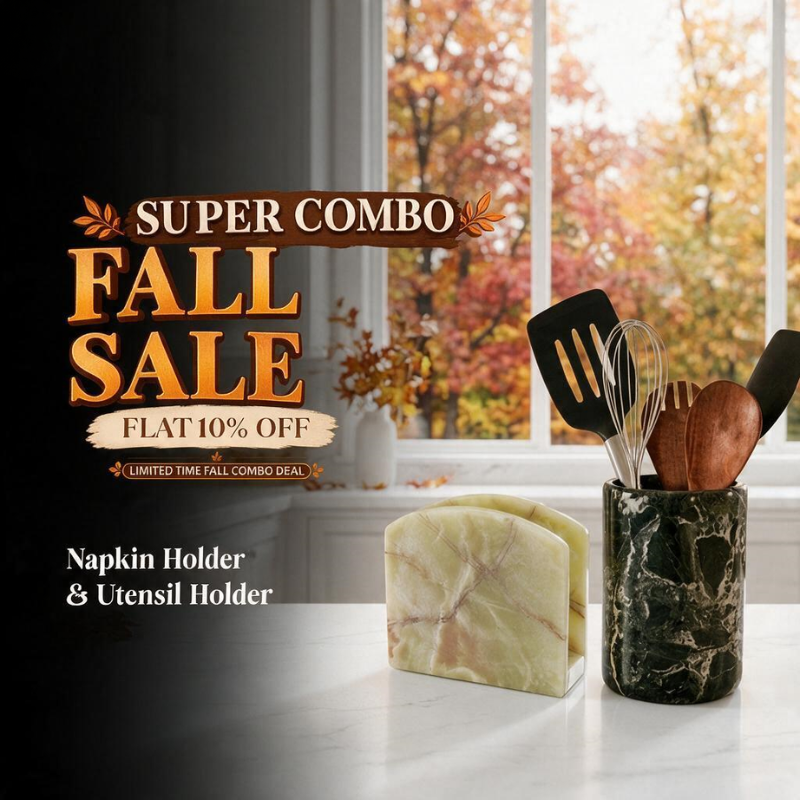 Fall Kitchen & Tabletop Marble Combo – Black Utensil Holder & Green Marble Napkin Holder