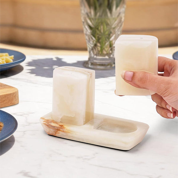 Marble Salt and Pepper Shakers with Tray — Handmade Stone Shaker Set