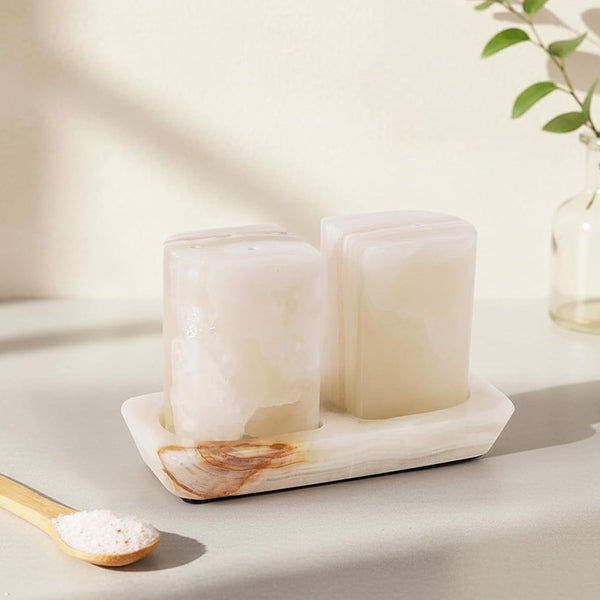 Marble Salt and Pepper Shakers with Tray — Handmade Stone Shaker Set