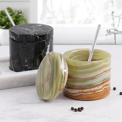 Marble Salt and Pepper Set with Tray — 2 Cellars, Lids & Spoons