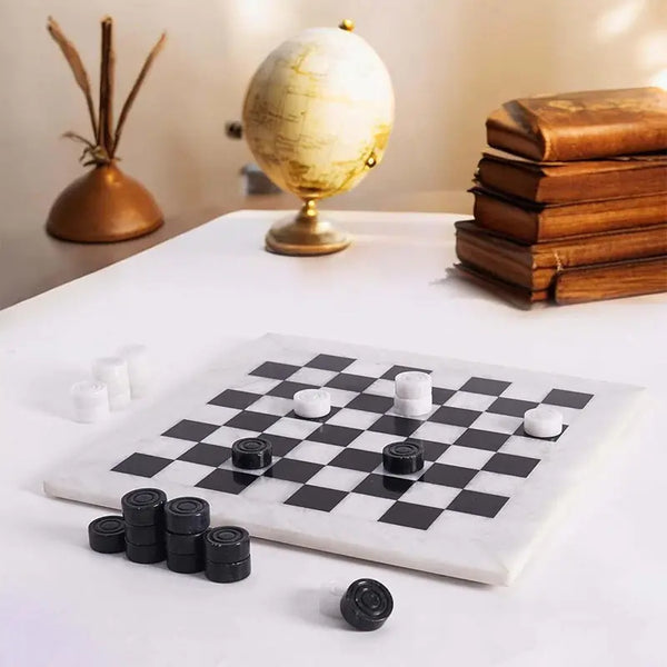 White and black marble checkers set displayed as home decor — 15-inch natural stone board by RADICALn